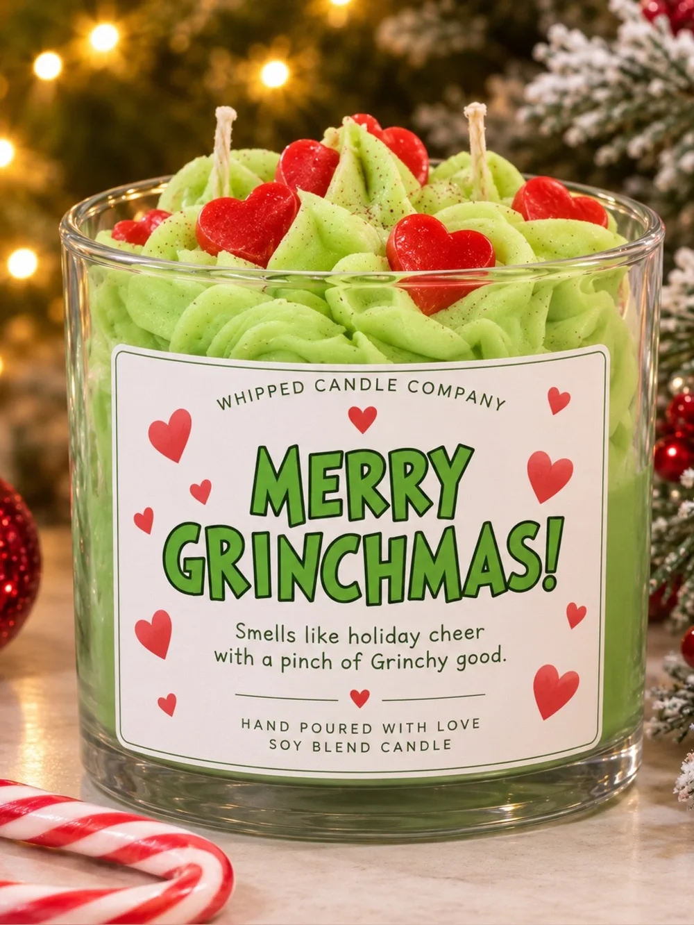 Merry Grinchmas! Green Soy Blend Candle with Red Heart Toppers
